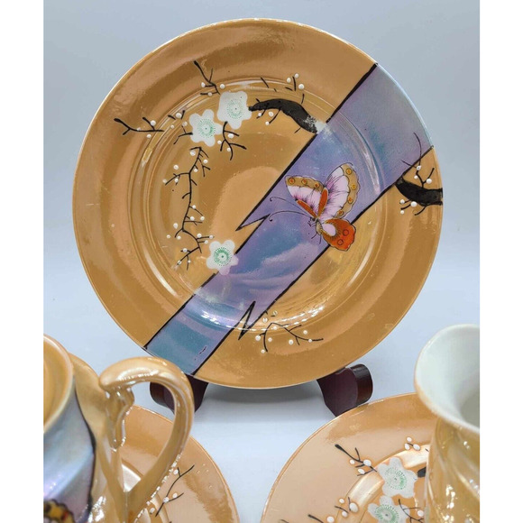 Vtg Hand Painted Japanese Lusterware Set. 3 plates 7 1/4", Sugar Bowl & Creamer - Picture 8 of 14